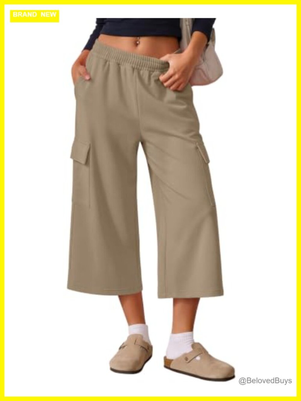 Women's Wide Leg Cargo Capri Sweatpants High Rise Pull On Pockets